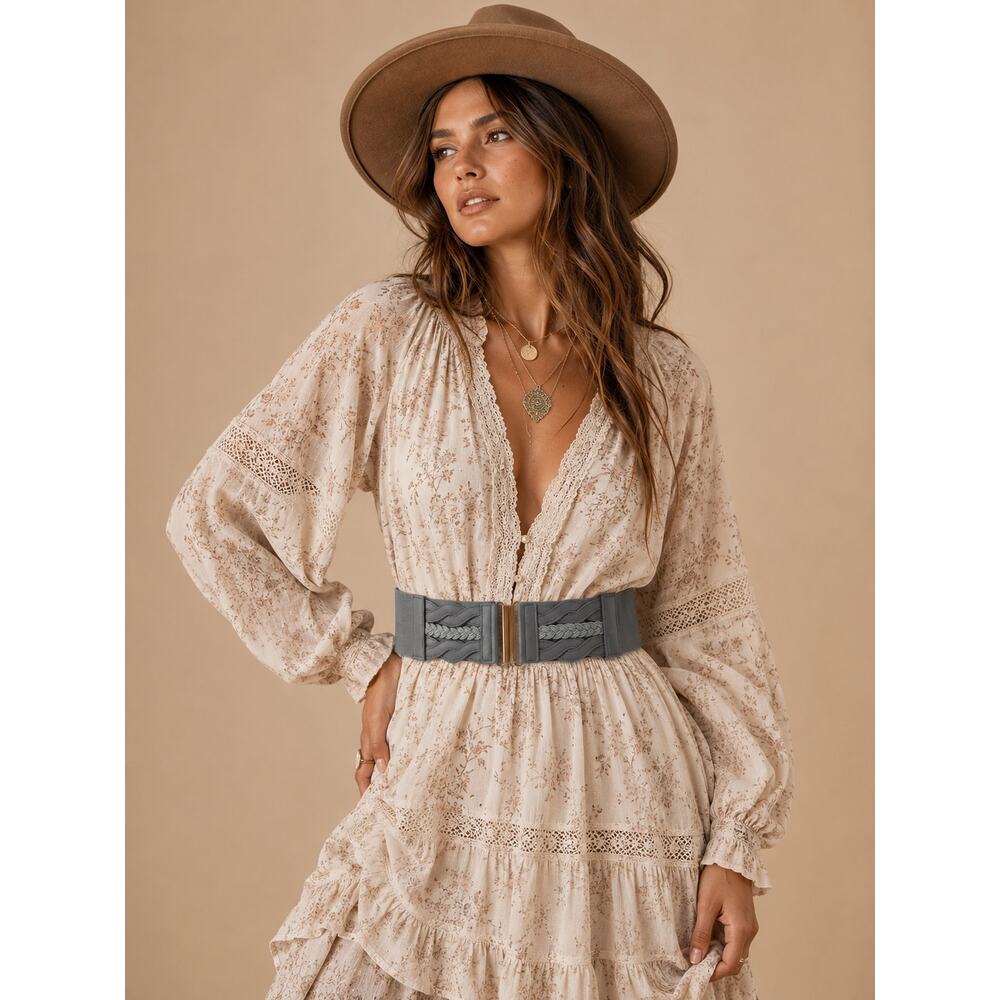 Gray Braided Waist Cincher Stretch Belt Gold Clasp Boho Western L XL